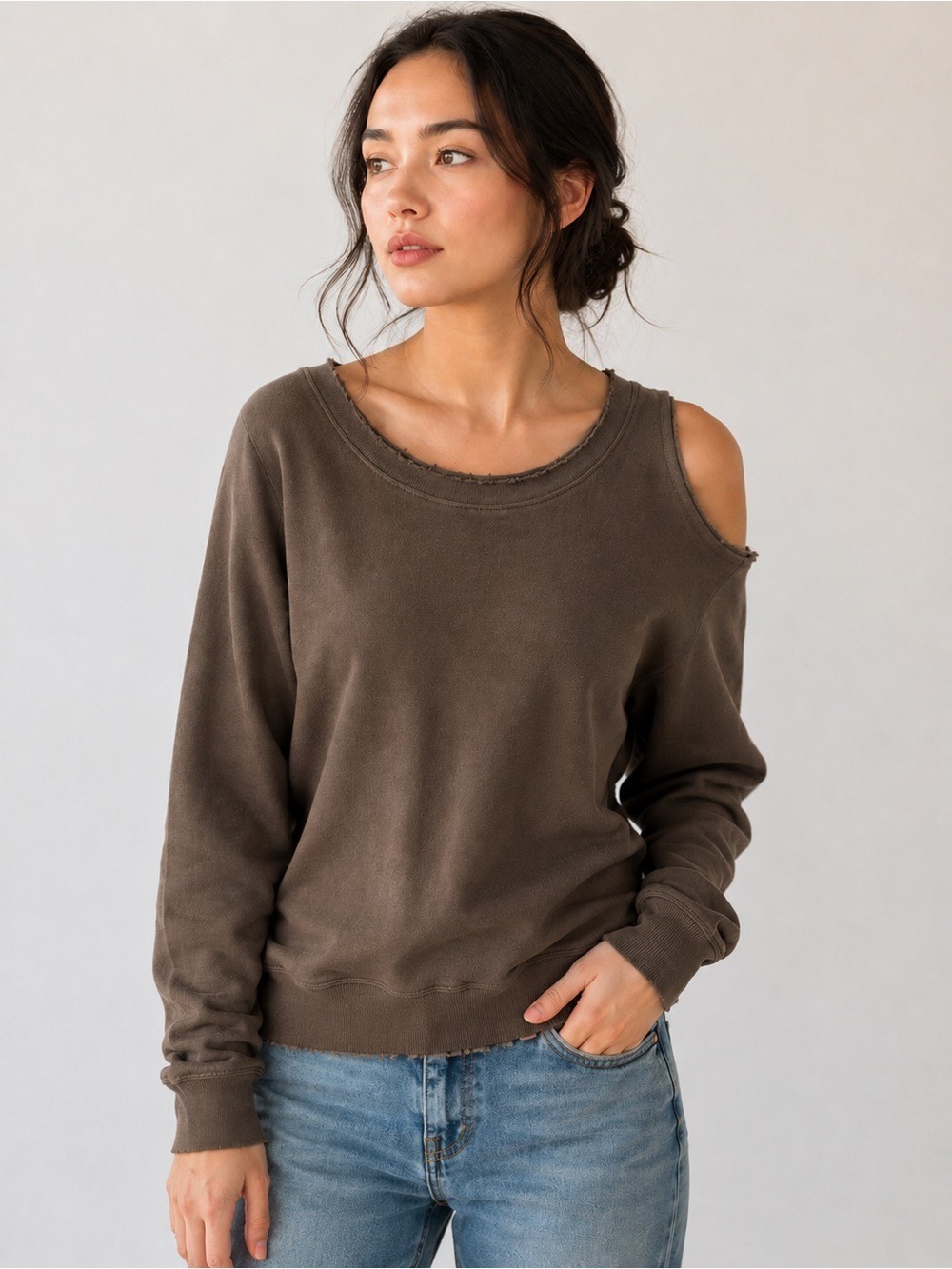 RtA One Shoulder Raw Edge Sweatshirt Olive Brown French Terry Size S